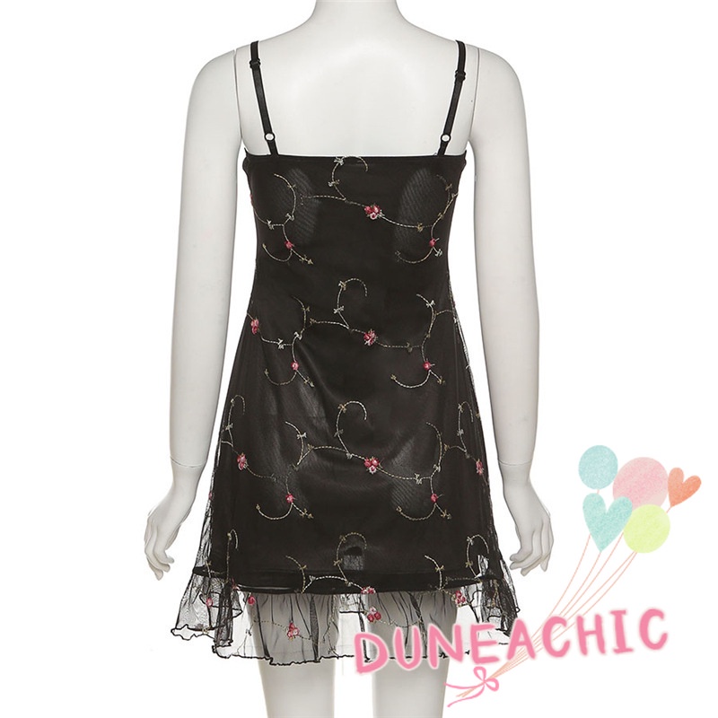 DUNEA Đầm hai dây họa tiết hoa phối lưới thời trang dành cho nữ