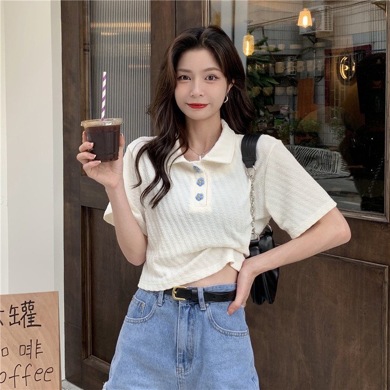 Áo sơ mi croptop Xiaozhainv đính nút phong cách Hàn Quốc thời trang xinh xắn cho nữ