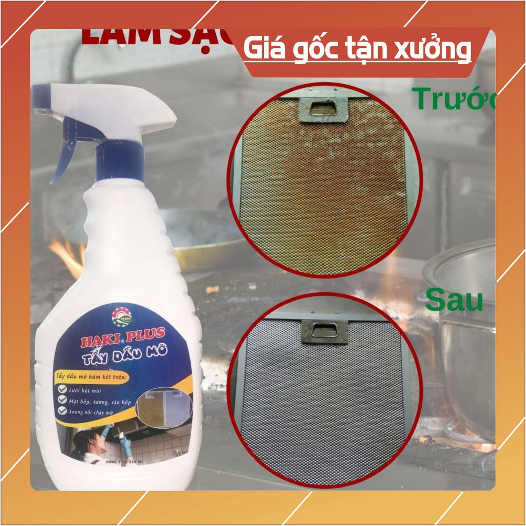 Tẩy dầu mỡ HAKI tẩy sạch dầu mỡ cứng đầu trên máy hút mùi, bếp gas, bếp từ, tường bếp, xoong chảo