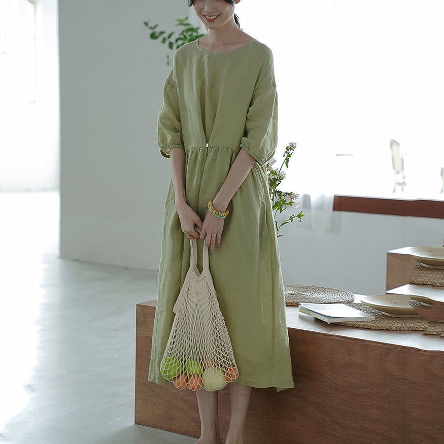 Đầm linen dáng suông thiết kế cúc cài chỉnh eo thời trang phong cách trẻ
