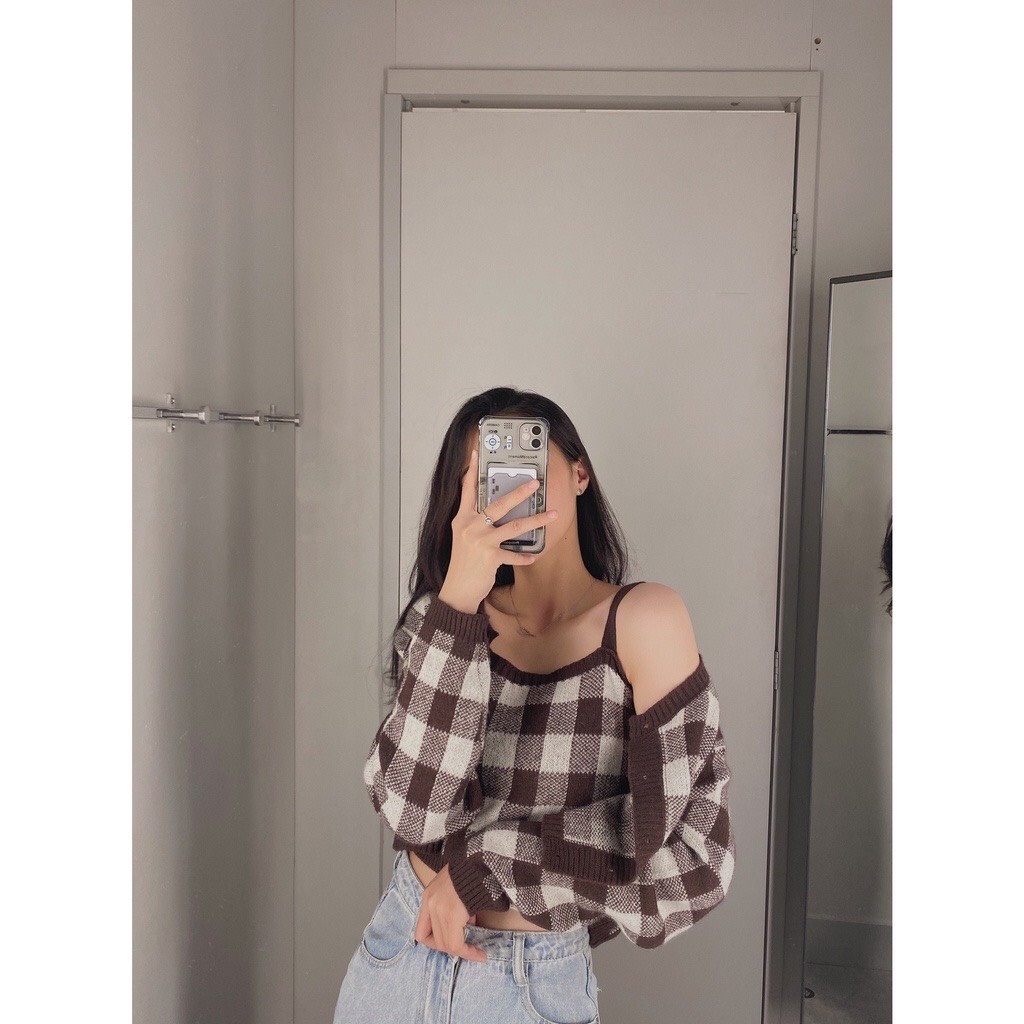 SET Áo Cardigan len kẻ caro mix áo 2 dây siêu xinh