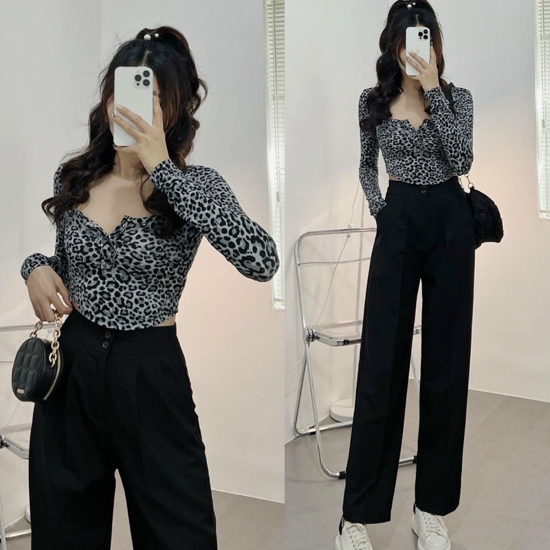 Áo croptop da beo nút bấm tay dài - tay ngắn siêu xinh MÓM STORE