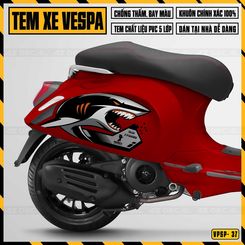Decal Rời Xe Vespa Sprint / Primavera Phong Cách Cá Mập Maru's Factory | VPSP37 | Tem Chế Chống Nước, Dễ Dán