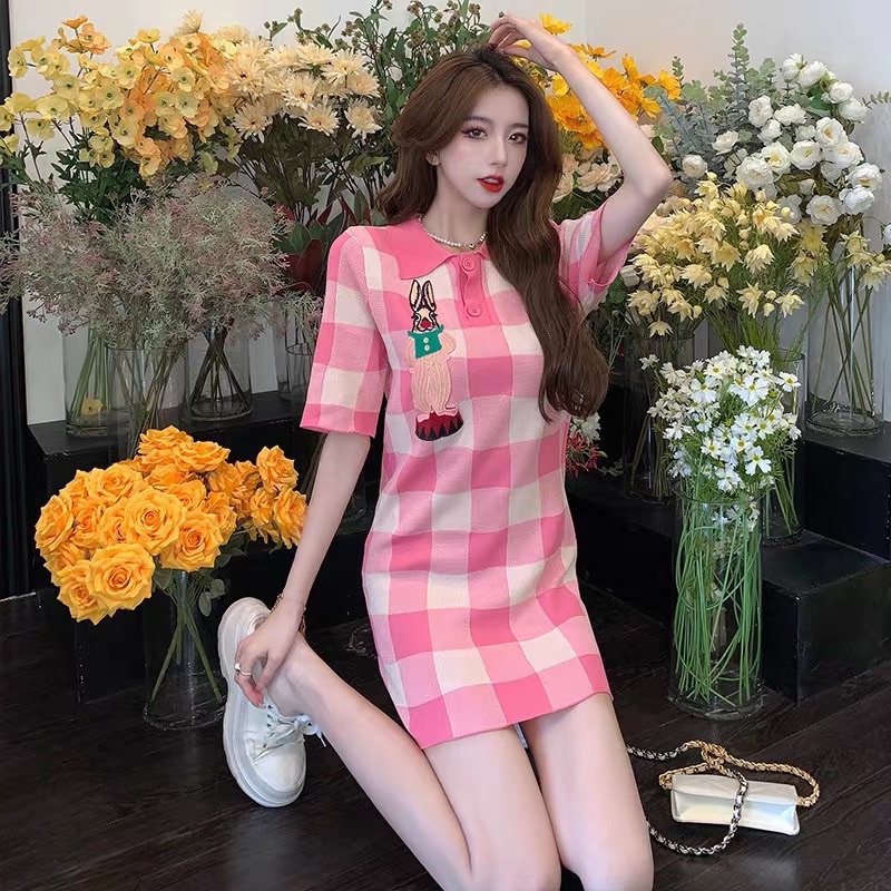 Đầm Váy Len Mùa Thu Nữ Có Cổ, Váy Polo Kẻ Caro Hồng Thỏ Dễ Thương