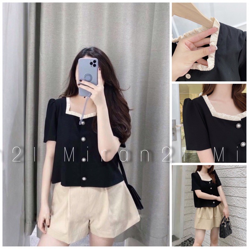 🍊 Set áo cổ vuông tay bồng phối quần kaki (có ảnh thật, cận chất)