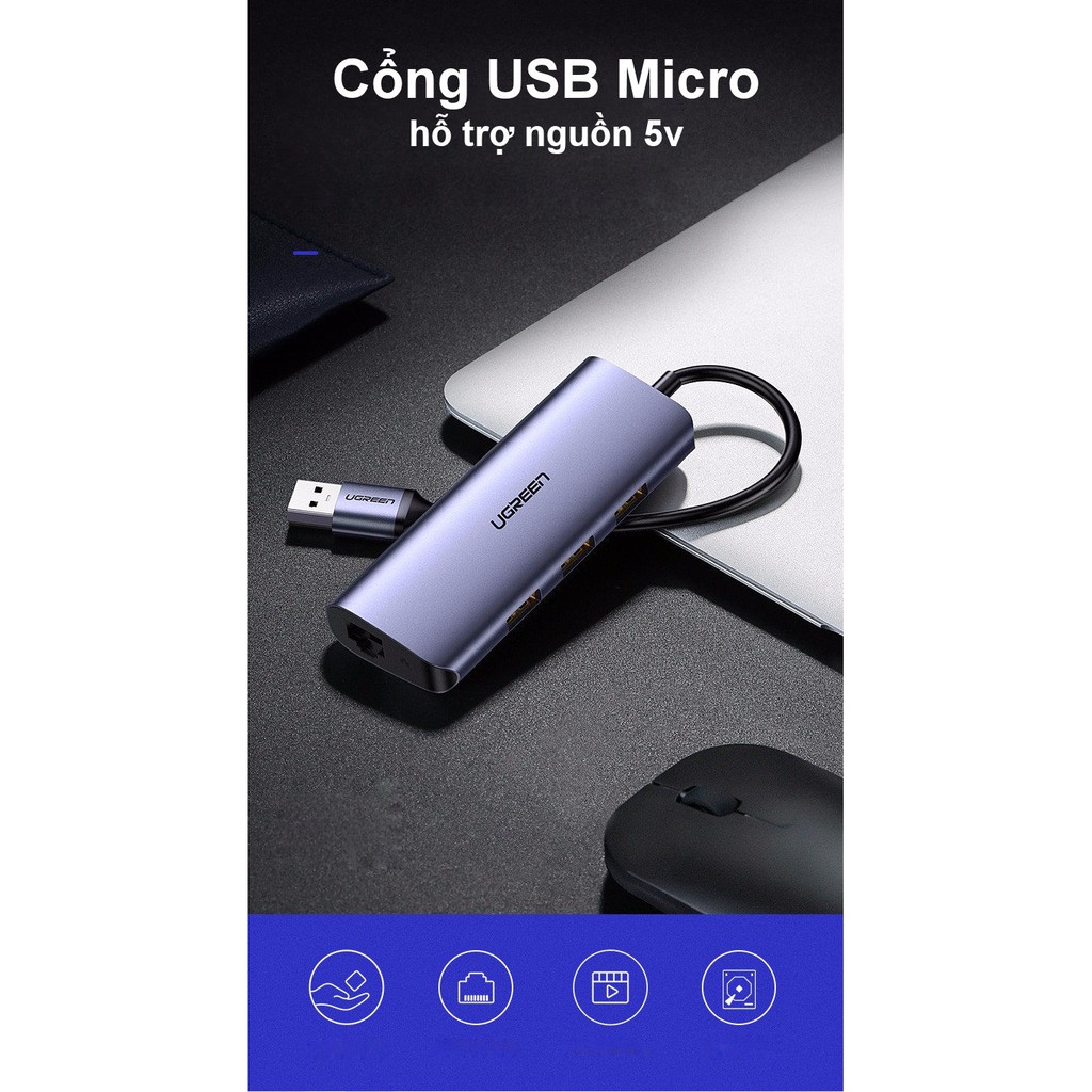 Bộ chia USB 3.0 ra 3 cổng USB 3.0 + Lan Gigabit 1000Mbps Ugreen 60719