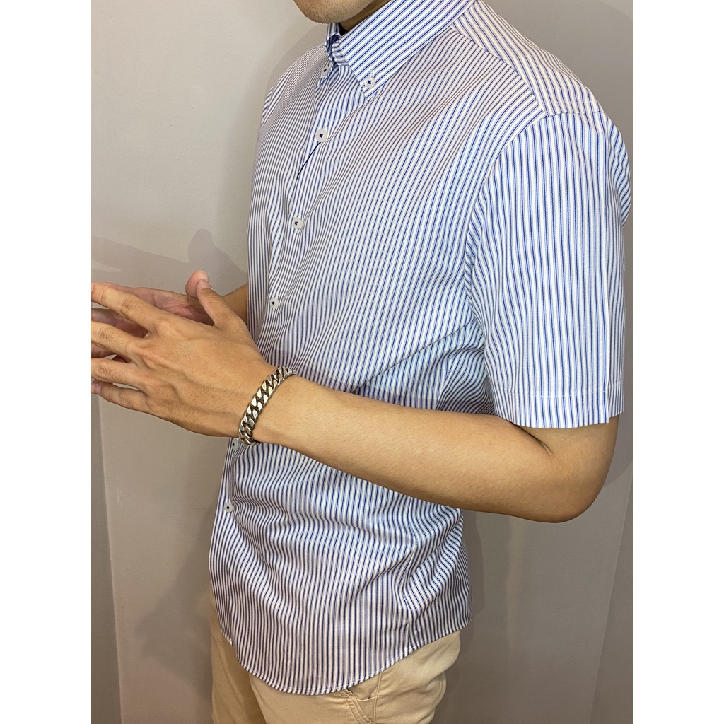 Áo Sơ Mi Nam Tay Ngắn CAMICISSIMA Xanh Sọc Form Slim Fit 100% Cotton Dòng Non-iron - NISFBLCR11039