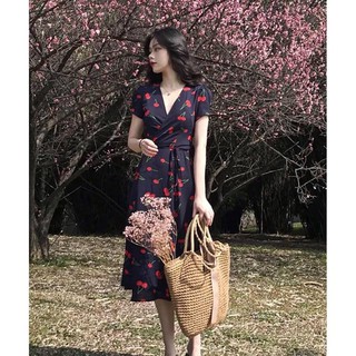 Đầm maxi họa tiết cherry đắp chéo [KÈM ẢNH THẬT]