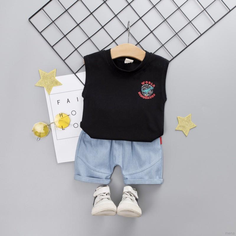 Set áo thun ba lỗ in hình khủng long + quần short jeans đáng yêu cho bé trai