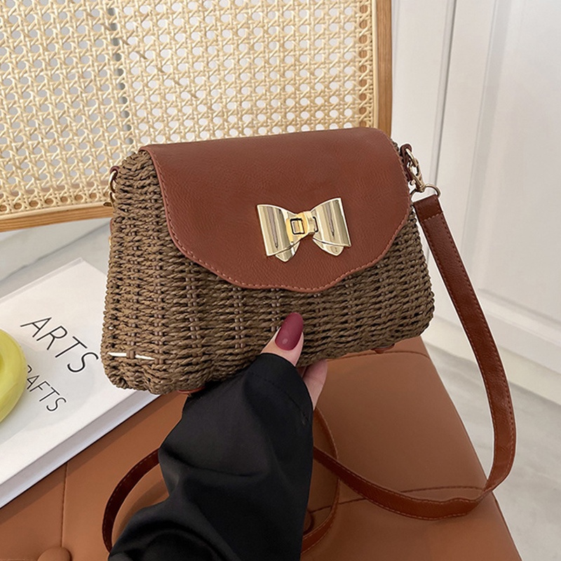 Túi Rơm Đeo Chéo Có Khóa Hình Bướm Phong Cách Phương Tây