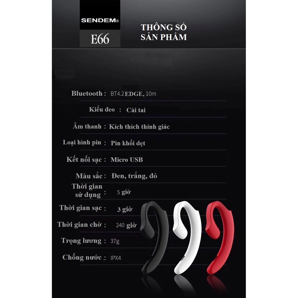 Tai nghe Bluetooth cài tai Sendem E66 - dẹt, siêu mỏng, pin trâu - Trẻ trung, hiện đại Bảo hành 1 năm