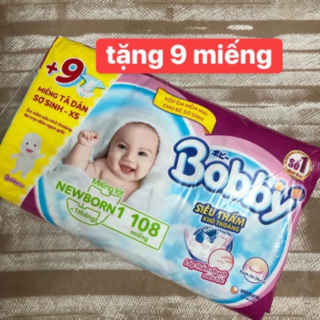 Miếng lót sơ sinh bobby newborn 1 108 miếng - tặng 9 miếng