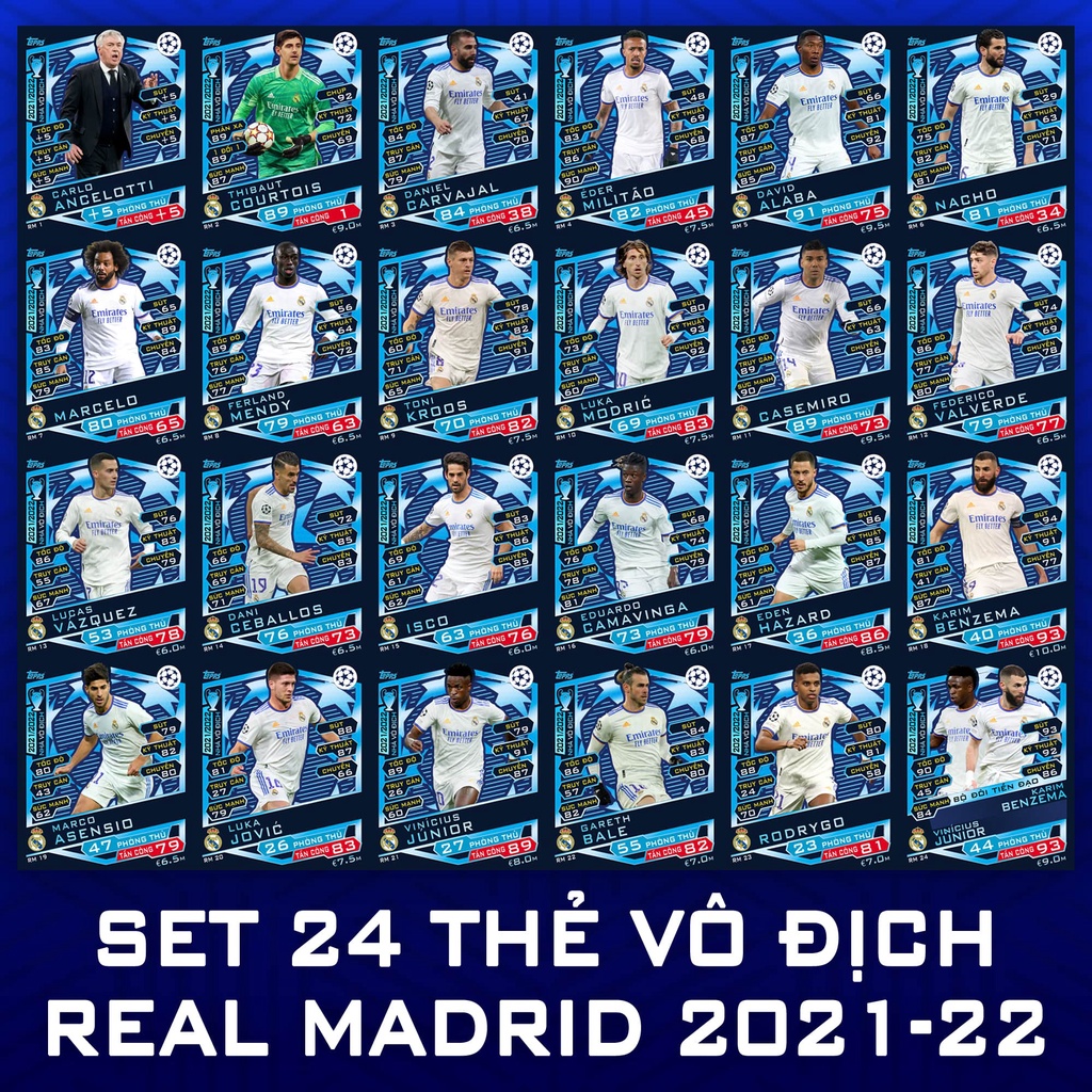 Trọn bộ 24 thẻ cầu thủ đội hình Real Madrid - phiên bản vô địch C1 Champion League 2022 - kích thước thẻ Poca hoặc UK