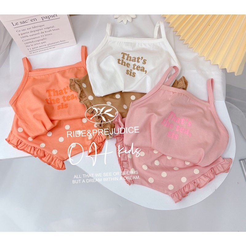 Set đồ bộ áo 2 dây quần chấm bi phối bèo siêu điệu đà cho bé gái 8-21kg