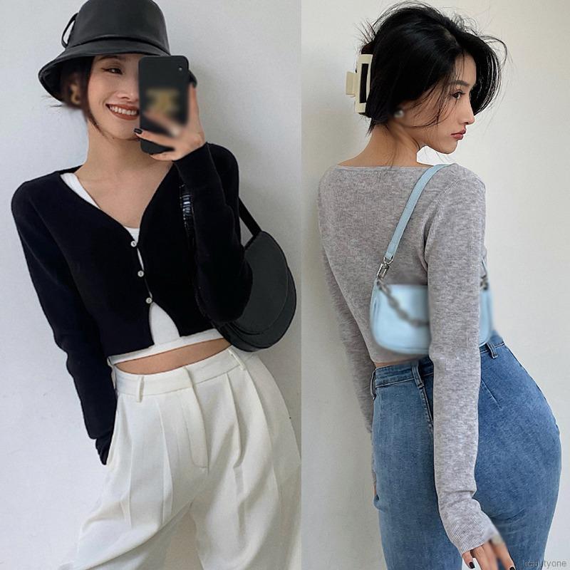 Áo Croptop Dệt Kim Tay Dài Thiết Kế Cổ Chữ V Quyến Rũ
