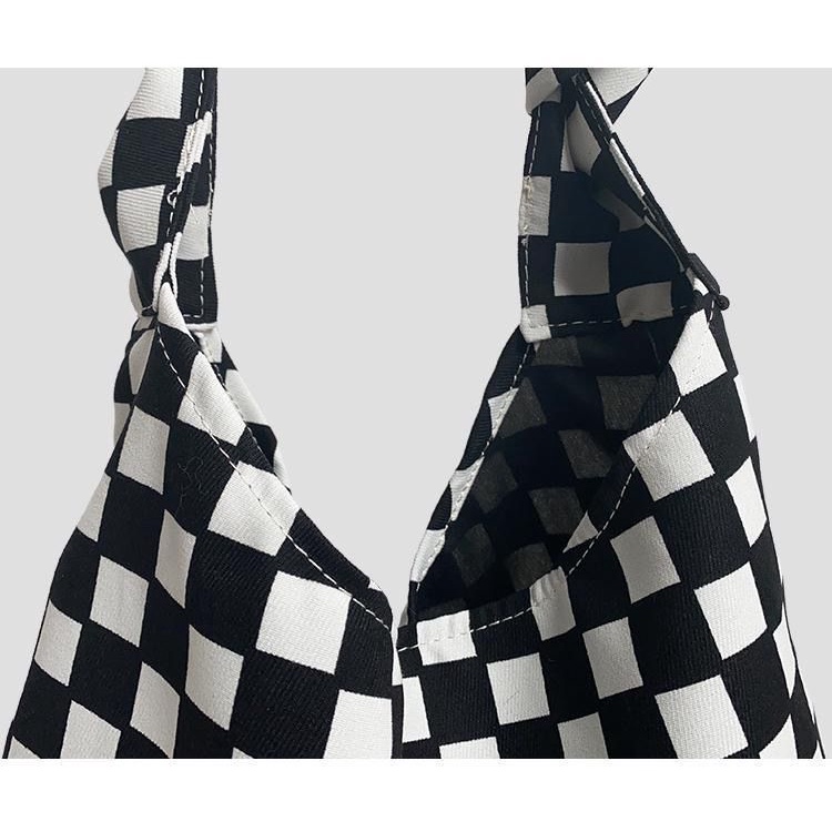 Túi Xách Canvas Cỡ Lớn Họa Tiết Sọc Caro Trắng Đen Thời Trang Cho Nữ