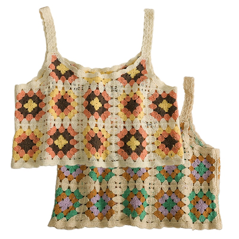 Brroa Áo Croptop Dệt Kim Không Tay Khoét Rỗng Họa Tiết Hoa Màu Sắc Tương Phản Phong Cách Boho Cho Nữ Sw