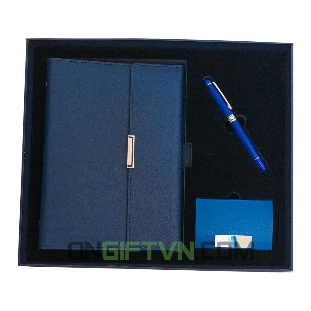 Bộ quà 3 món tặng sổ da Pu và bút ký cao cấp + hộp đựng danh thiếp da có hộp quà sang trọng khắc logo riêng theo yêu cầu