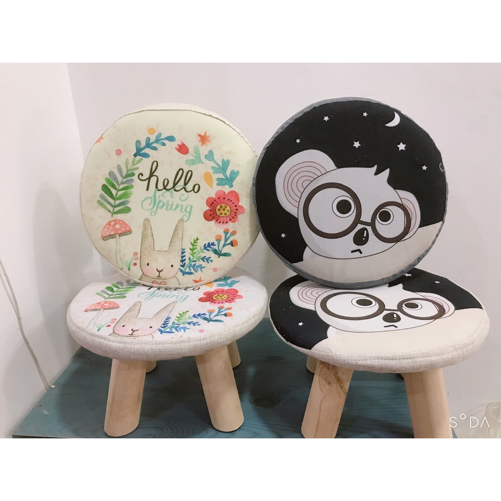 Ghế đôn in hình họa tiết dễ thương êm ái, Ghế đôn gỗ chắc chắn-My.Baby Offcial