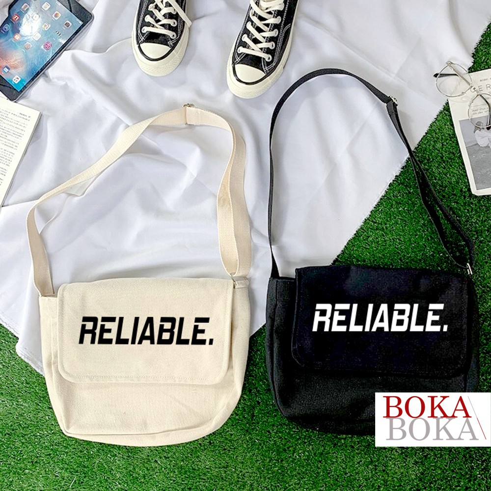 Túi vải đi học Vải Canvas Đeo Chéo In Chữ Reliable Unisex Nam Nữ