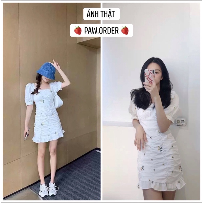 Váy nhún eo cổ vuông tay bồng kiểu Pháp đính hoa váy đi chơi, kỉ yếu, cưới hỏi