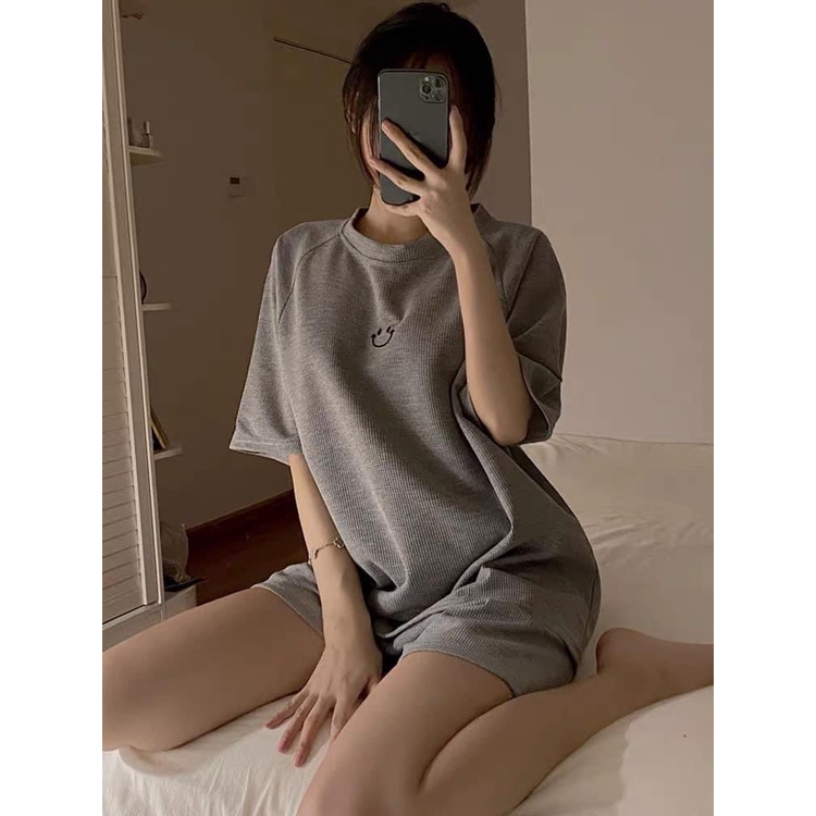 Set Đồ Bộ Xôp Tổ Ong Ngắn Tay Thêu Icon Mặt Cười Dáng Rộng Phong Cách Ulzzang  Kèm Ảnh Test Chất