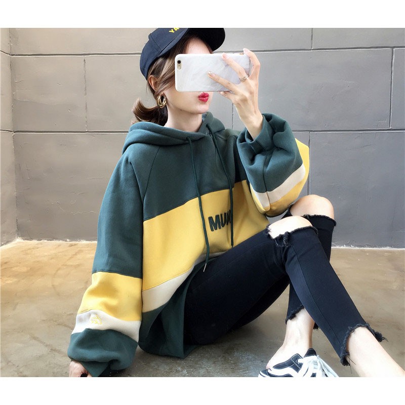 Áo hoodie phối lông dày giữ ấm dáng rộng size lớn  | BigBuy360 - bigbuy360.vn