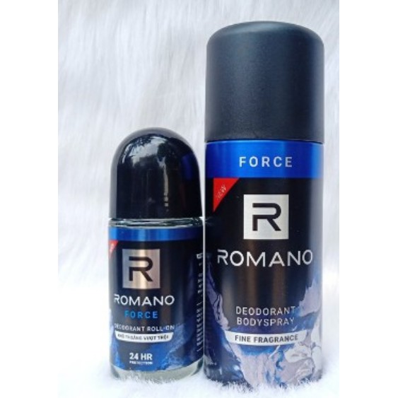 Xịt khử mùi, ROMANO Hương nước hoa FORCE 150ml VÀ lăn khử mùi nam FORCE 50ml