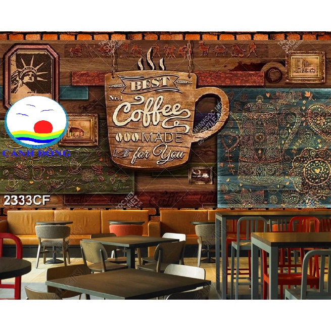 Trang trí quán cà phê coffee đẹp sang trọng Tranh dán tường, kính, gỗ sẵn keo dán dễ - in size theo yêu cầu
