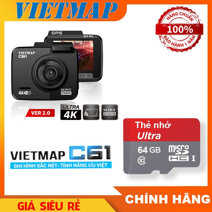 Camera Hành Trình Vietmap C61 Ver 2.0 Thẻ 64G Cảnh Báo Giao Thông Ghi Hình Độ Nét Cao