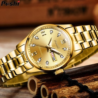 Đồng Hồ Đeo Tay Poshi Chất Liệu Thép Không Gỉ Mạ Vàng Bạc Chống Thấm Nước Có Lịch Cho Nữ