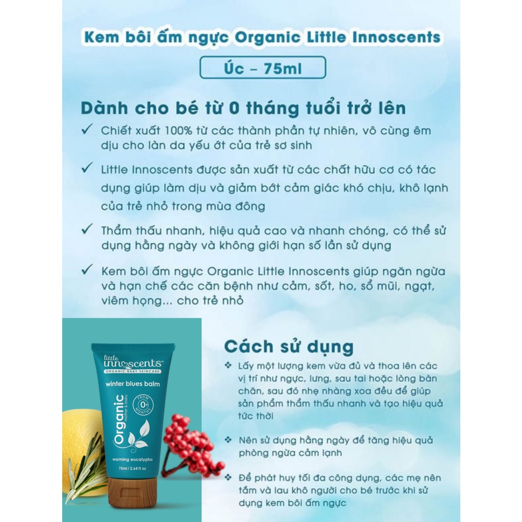 Dầu bôi ấm ngực cho bé Organic Little Innoscents Úc – 75ml
