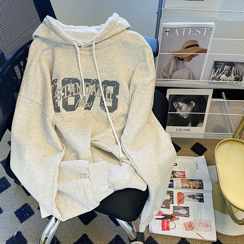 ZHELIHANGFEI Áo Hoodie Tay Dài Dáng Rộng Thêu Chữ Phong Cách Preppy