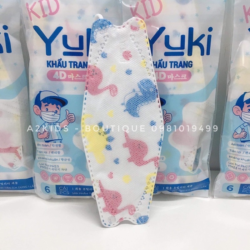 Khẩu Trang 4D Trẻ Em Kháng Khuẩn Yuki Hoạ Tiết Khủng Long (túi/6 cái)