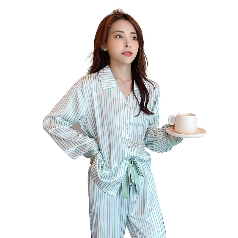 Bộ Đồ Ngủ Pijama Tay Dài Phối Ren Họa Tiết Kẻ Sọc Ngọt Ngào Thời Trang Xuân Thu Cho Nữ