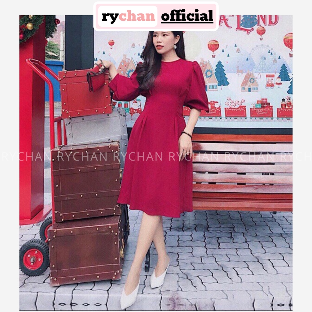 DX632 - Đầm Xòe Đỏ Tay Phồng Cổ Tròn