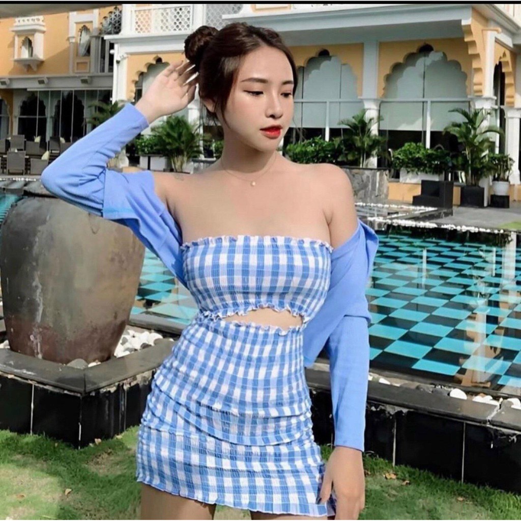 Set đầm caro xanh cutout kèm áo khoác ngoài