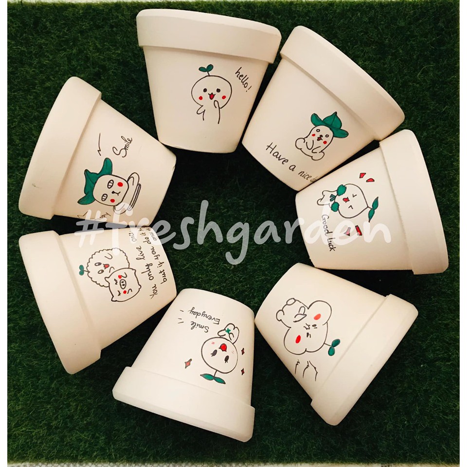 Chậu đất nung vẽ hình 8cm trồng sen đá,xương rồng