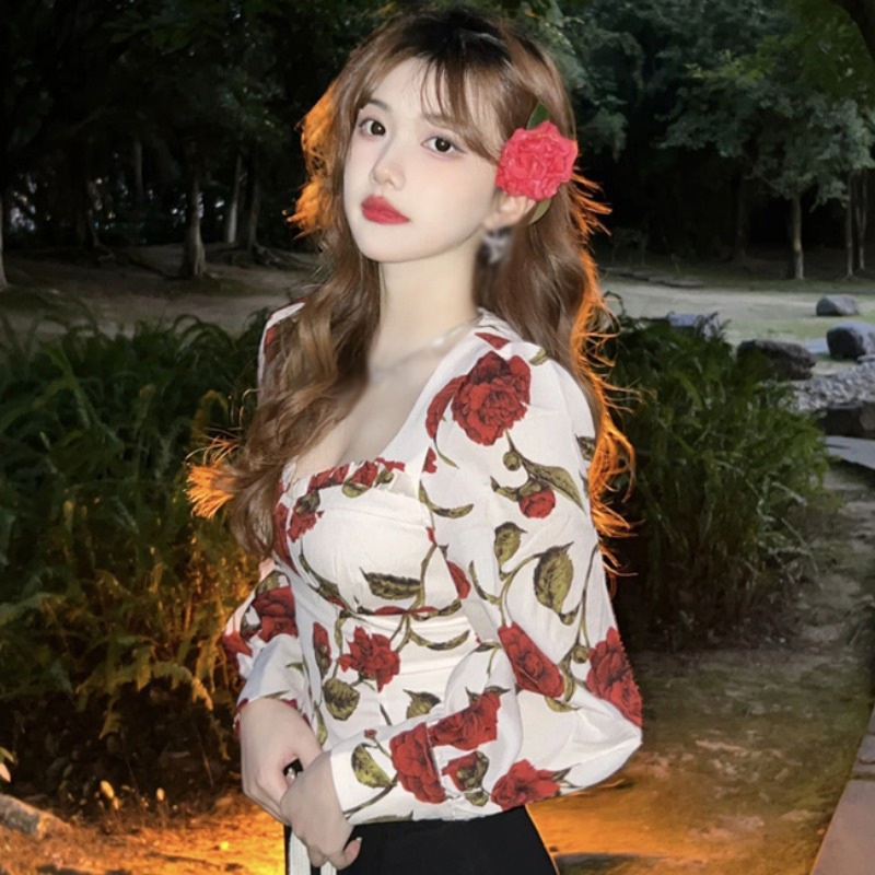 Áo Sơ Mi Tay Dài Cổ Vuông In Họa Tiết Hoa Hồng Phong Cách Vintage Hàn Quốc Thời Trang
