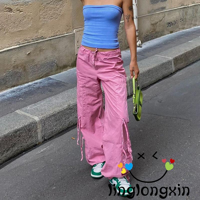 Quần Jogger Thể Thao Lưng Thấp Phối Túi Phong Cách Gothic Thời Trang Mùa Hè Cho Nữ Linglongxi2-Y2K
