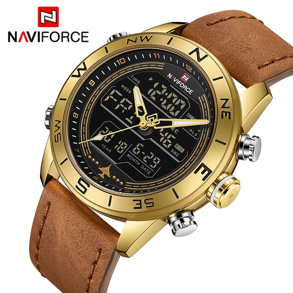 NAVIFORCE NF9144 Đồng hồ thạch anh dây da thể thao kỹ thuật số LED tương tự quân đội nam