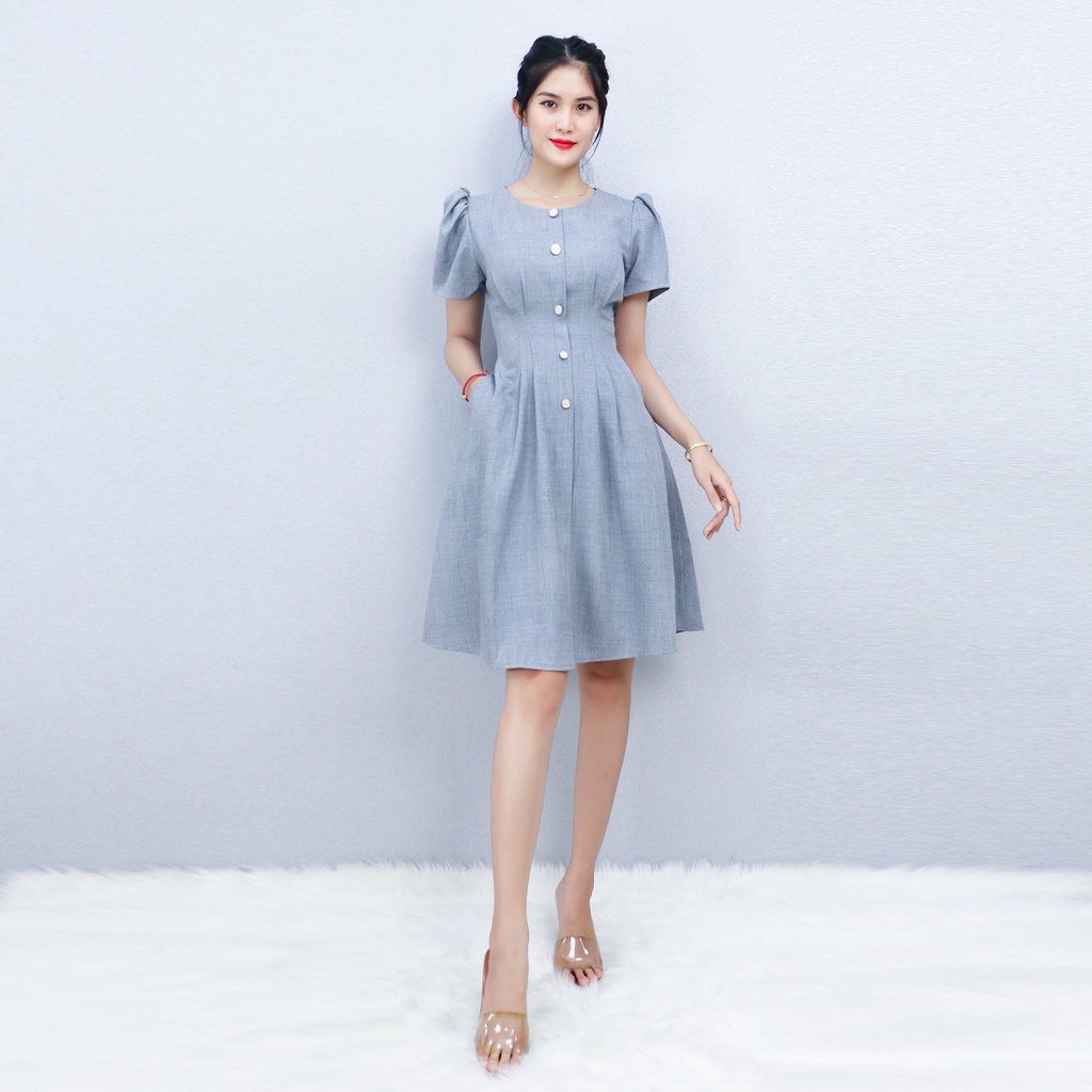 Đầm Dự Tiệc Công Sở Sang Trọng Bigsize AMYRA , Thiết Kế Dáng Chữ A Tay Phồng Phối Nút Cao Cấp Đi Làm Đi Tiệc DA185