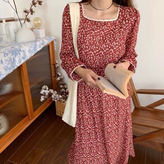 (Hàng order)Váy hoa nhí cổ vuông viền ren dài tay