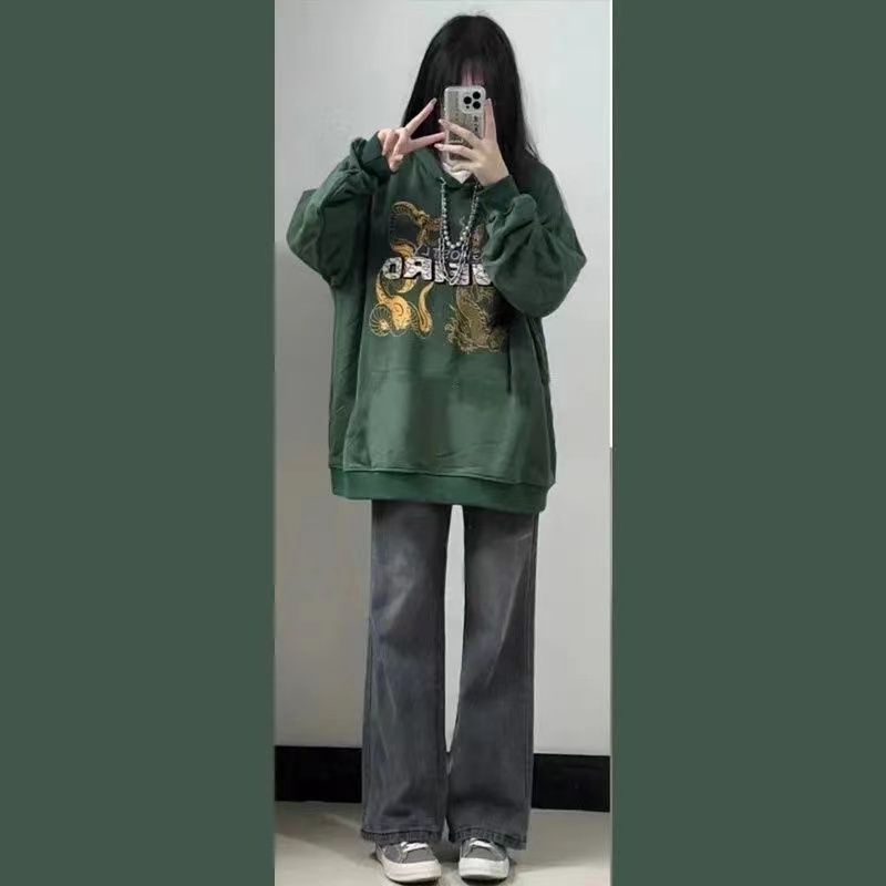 Set Áo Hoodie Dáng Rộng Và Quần Jeans Dài Phong Cách Hàn Quốc Thời Trang Thu Đông Mới Cho Nữ