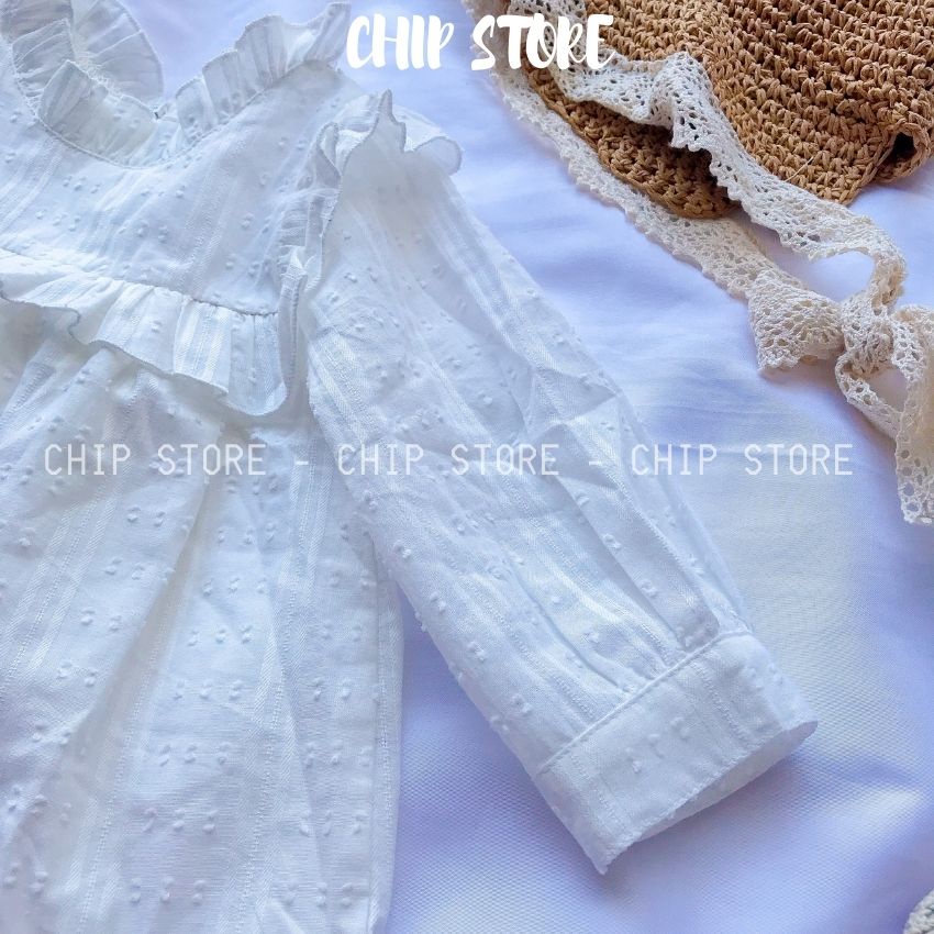 Đầm tiểu thư bé gái 1-7 tuổi CHIP STORE Váy trắng cho bé dài tay cổ bèo xinh xắn chất liệu thô hạt mềm mại sang chảnh