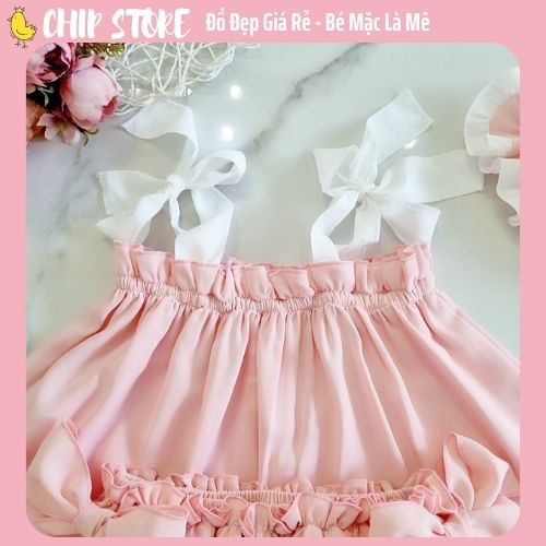 Bộ 2 Dây Bé Gái CHIP STORE Set Bộ  Màu Hồng Phấn Kèm Quần Chip Đính Nơ  Xinh Xắn Cho Bé
