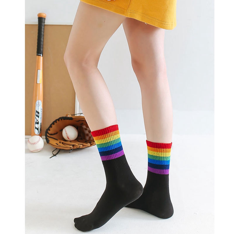 Rainbow Striped Girls' Crew Socks Korean Style Autumn Cotton Sweet Colorful High Quality Women Novelty Casual Black Ankle Socks