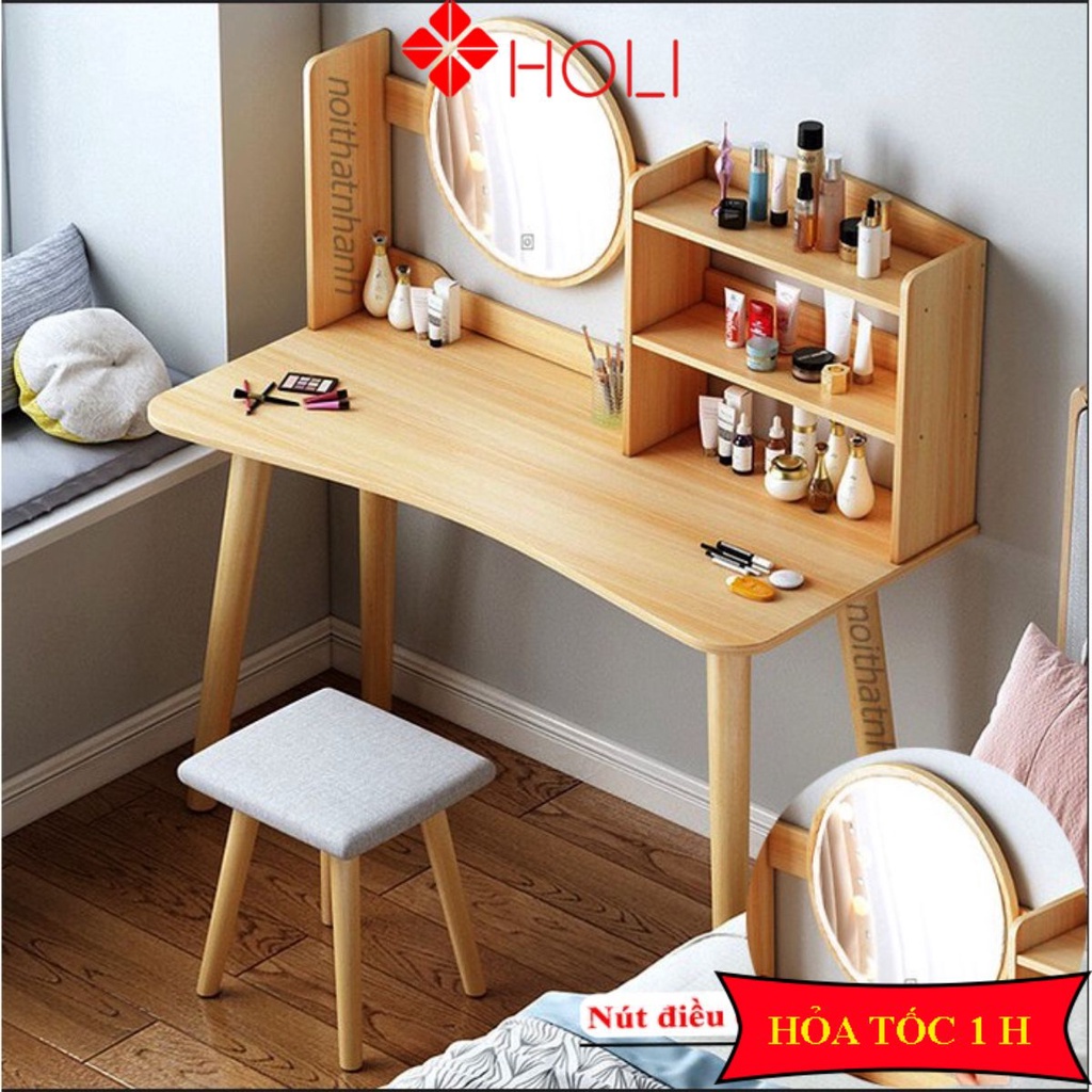 Bàn trang điểm gỗ HOLI có gương LED AK01 cảm ứng, kèm sạc, chân cao