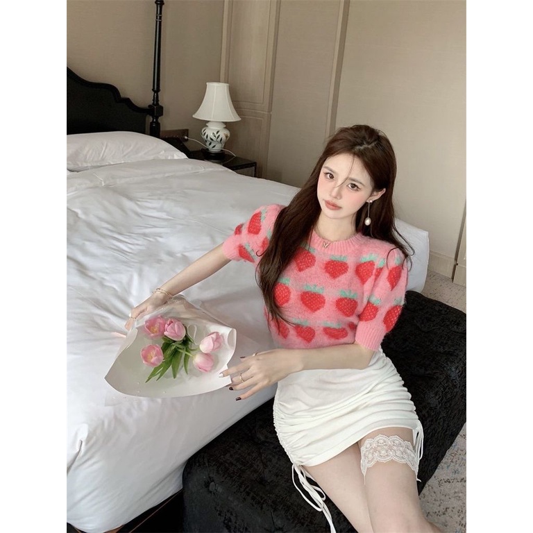 Áo sweater Dệt Kim In Hình Dâu Tây Xinh Xắn Cho Nữ