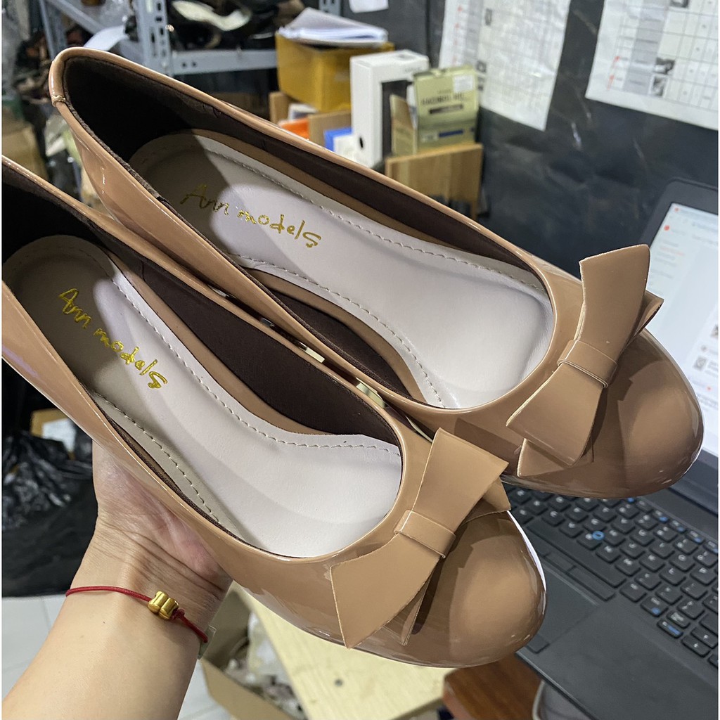 Giày cao gót mũi tròn gót vuông 3 phân gắn nơ xếp_893NX